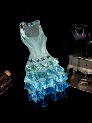 Cute A Line Beaded Layered Blue Ombre Satin Short Homecoming Dress Cocktail Dress HZ1023